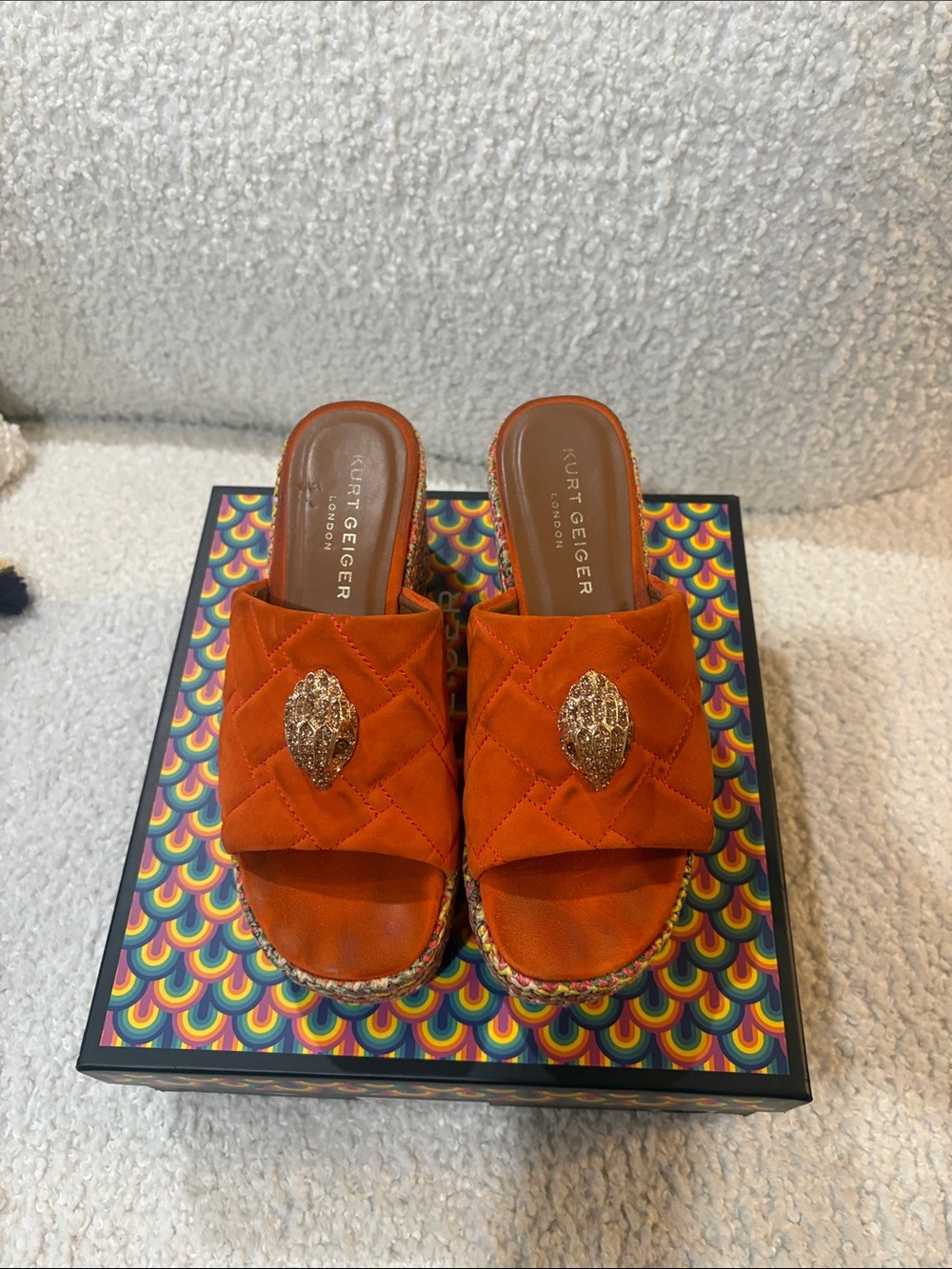 Kurt Geiger Bright Orange Suede Slide Mules with Gold-tone Emblem